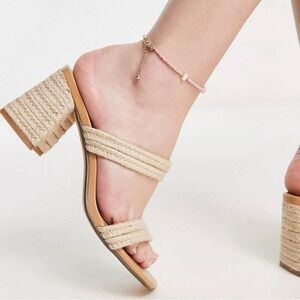 Woven Braided Double Strap Block Heel Sandals in Natural‎ Beige Summer Mules